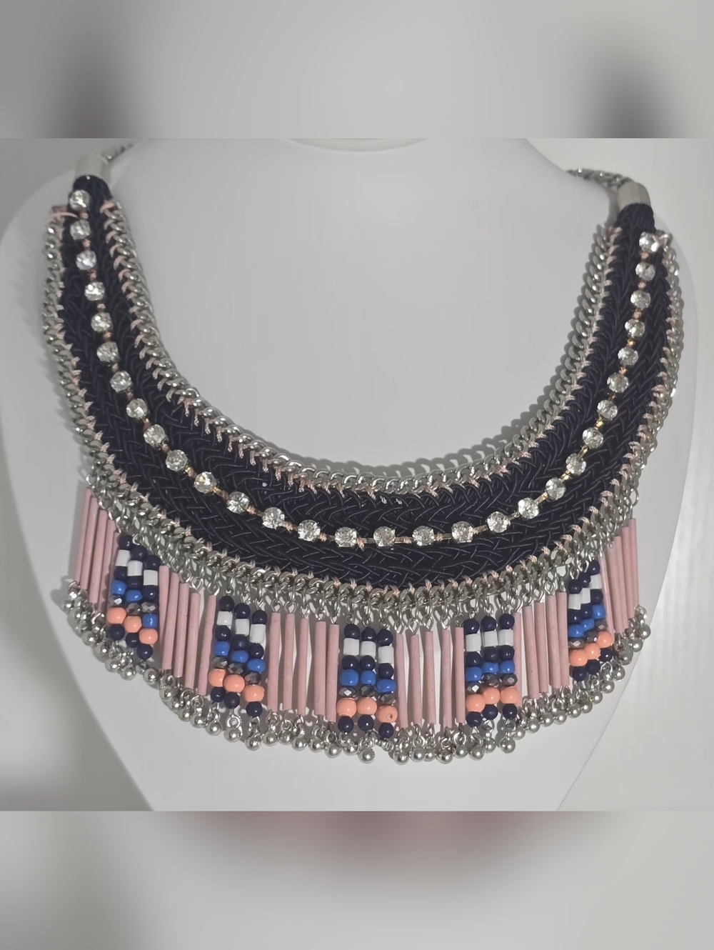 Ali-Khan New York Statement Pink and Navy Beaded Fringe Necklace
